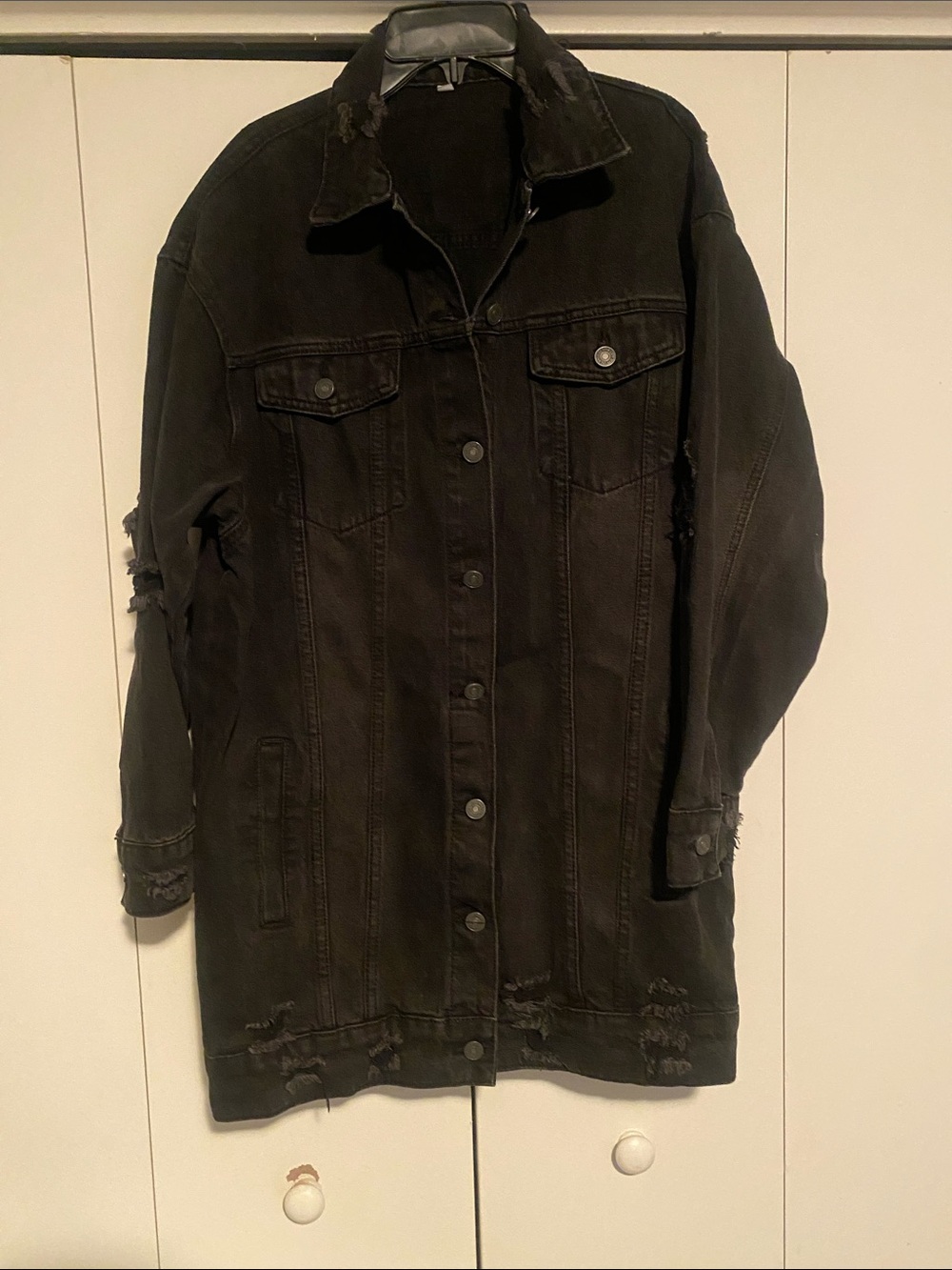 Black Distressed Long Denim Jacket - Women